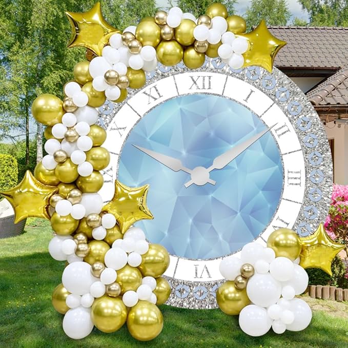 7.5x7.5ft Crystal Blue Clock Round Backdrop Cover Luxury Silver Blue Clock Circle Backdrop Background Girls Kids Newborn Baby Shower Women Birthday Party Decorations Congrats Grad Studio Props