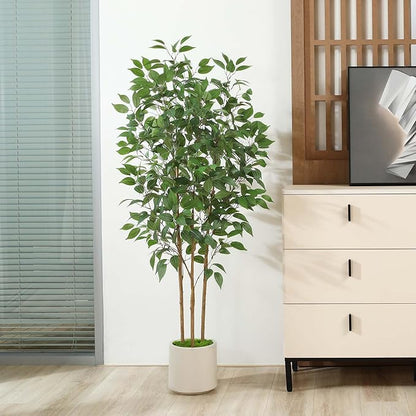 Ficus Artificial Tree 5ft Tall Fake Ficus Tree for Home Decor Indoor Faux Silk Ficus Plant Fake Floor Plant in White Imitation Ceramic Planter with Green Fake Moss, Set of 1