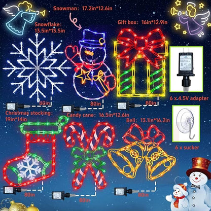 16" Christmas Window Silhouette Lights Decorations - 6 Pack Colour Lighted Candy Cane ＆ Snowman ＆ Christmas Stocking ＆ Bell ＆ Gift Box ＆ Snowflake for Holiday Wall Door Window Decorate