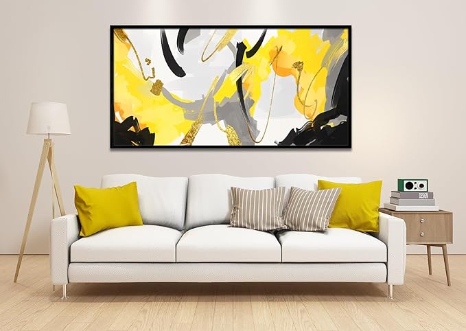 Wall Art for Living Room, Yellow and Black Abstract Canvas Wall Art, Colorful Fluid Lines Wall Decor Canvas Paintings, Black Framed Artwork Modern Paintings Pictures Wall Decor 20×40 inches