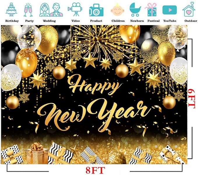 CYLYH 8X6FT 2026 New Year Backdrop Black and Gold Background New Year Holiday Party Banner