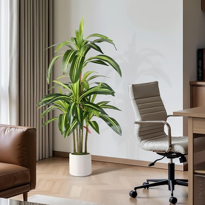 Artificial Dracaena Fake Tree 4FT, White High Pot Artificial Plants Indoor&Outdoor, Fake Plants for Office/Home/Living Room Potted Decoration, 4ft