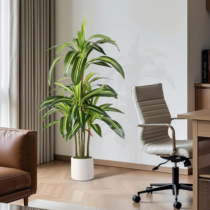 Artificial Dracaena Fake Tree 4FT, White High Pot Artificial Plants Indoor&Outdoor, Fake Plants for Office/Home/Living Room Potted Decoration, 4ft