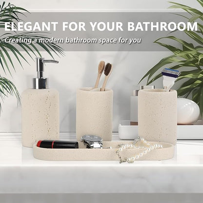 Bathroom Accessories Set,4 Piece Travertine Stone Look Bathroom Accessory Set with Soap Dispenser,Toothbrush Holder,Vanity Tray,Tumbler,Bathroom Organizer for Modern Bathrooms - Beige