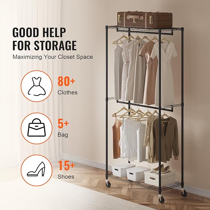VEVOR Clothing Garment Rack, Heavy Duty Closet Wardrobe, Adjustable Tiers Clothes Racks with Steel Frame, for Bedroom, Clothing Store, Hallway