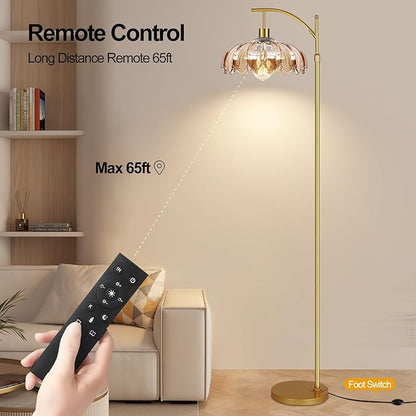 Arc Floor Lamp with 3 Color Temperatures,Gold Floor Lamp with Remote & 3 Color Temperature,Mid Century Modern Standing Lamp with Glass Lampshades,Vintage Tall Floor Lamps for Living Room Bedroom