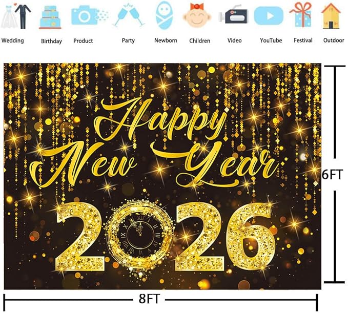 2026 Happy New Year Backdrop Black Gold New Years Eve Photography Background Gold Glitter Backdrop for 2026 New Year Party Decorations (8x6FT（240x180cm）)