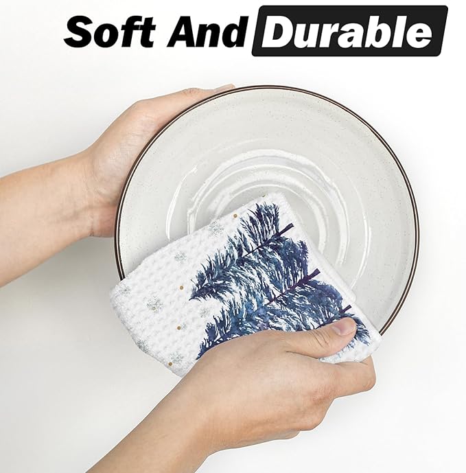 Artoid Mode Blue Xmas Tree Leaves Pinecone Christmas Kitchen Towels, 18x26 Inch Quick Dry Microfiber Cloth Dish Towels for Kitchen Drying Set of 4