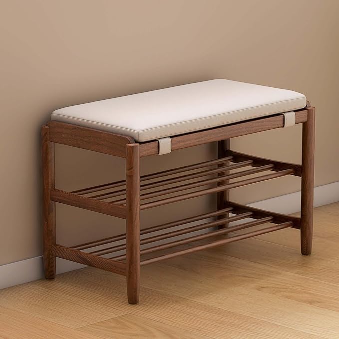 YESWOOD Solid Wood Shoe Bench Assembled, Shoe Rack Bench with Cushion for Entryway, Living Room, Bedroom, Hallway, 31.49“ x 11.81” x 17.71", Walnut