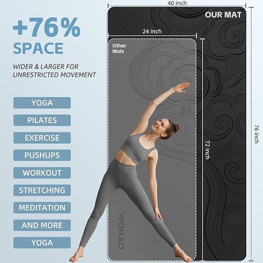 Large 76"x40"x0.4" Yoga Mat - Extra Width & Thick Non-Slip Exercise Mat, Versatile for Stretching, Yoga Studio, Gym, Home & Indoor/Outdoor Workouts