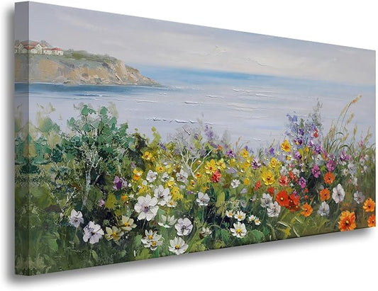 Acocifi Coastal Floral Wall Art Canvas Nature Flower Landscape Seascape Painting Colorful Wildflowers Picture, Large Textured Artwork for Living Room Bedroom Bathroom Kitchen Office Home Decor 40"x20"