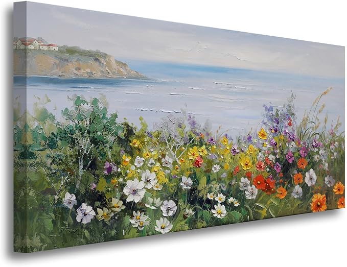 Acocifi Large Floral Canvas Wall Art Nature Coastal Flower Landscape Seascape Painting Colorful Wildflowers Picture, Textured Artwork for Living Room Bedroom Bathroom Kitchen Office Home Decor 48"x24"