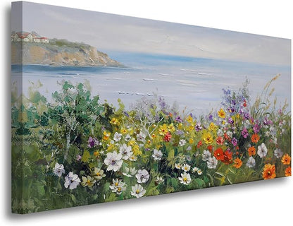 Acocifi Coastal Floral Wall Art Canvas Nature Flower Landscape Seascape Painting Colorful Wildflowers Picture, Large Textured Artwork for Living Room Bedroom Bathroom Kitchen Office Home Decor 58"x29"
