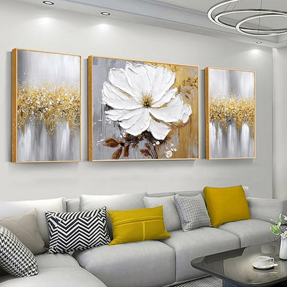 Hand-Painted Floral Canvas Oil Painting for Living Room,Framed 3D Gold and White Abstract Wall Art for Bedroom, Large 3 Pieces Flowerl Wall Painting for Office Kitchen Bathroom Home Decor 24x64 inches