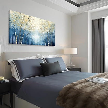 amatop Large Abstract Wall Art for Living Room Modern Tree of Life Canvas Art Print Nature-Inspired Navy Blue Wall Decor Landcape Artwork Birch Forest Picture Bedroom Office Dining Entryway 48x24 Inch