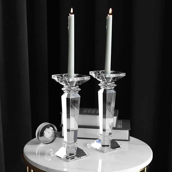 Crystal Candlestick Holders 2 Pack- Clear Crystal Taper/Pillar Candles Holder– Table Centerpieces for Party and Wedding Decoration(10.6in Tall)