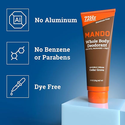 Mando Whole Body Deodorant For Men - Invisible Cream - 72 Hour Odor Control - Aluminum Free, Baking Soda Free, Skin Safe - 3 Ounce Tube (Pack of 2) - Cedar Grove