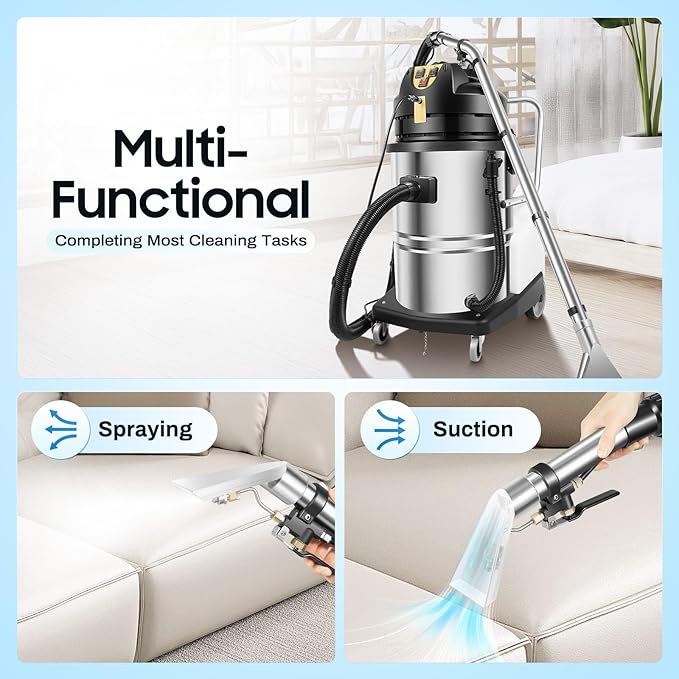 LOYALHEARTDY Carpet Cleaner Machine, 3 in 1 Portable Wet Dry Sofa Curtain Fabric Dust Cleaner,60L Commercial Floor Cleaning Machines with Long Flat/Dry/Water Vacuum Head and Round Brush