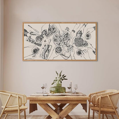 BINCUE Large Framed Wall Art Food and Drink Canvas Wall Decor Pizza Cheers Sketch Painting Retro Canvas Wall Art for Kitchen Dining Room Restaurant Used for Gatherings Decor