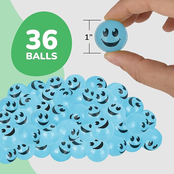 ArtCreativity Glow in the Dark Light Blue Smiley Face Bouncing Balls - Bulk Pack of 36 - 1 Inch High Bounce Bouncy Balls for Kids, Glowing Party Favors and Goodie Bag Fillers for Boys and Girls