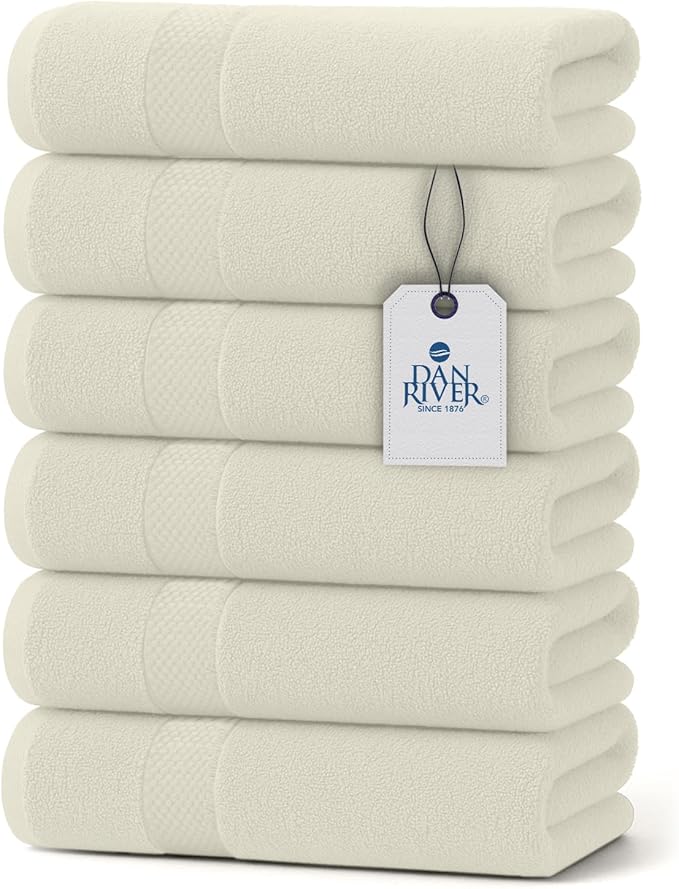 DAN RIVER 6-Pack Premium Hand Towels (16x28 Inches) - 100% Cotton, Ultra Soft, Lightweight, Highly Absorbent Towels for Bathroom, Spa, Gym, Salon, Hotel, and Travel - 550 GSM – Ivory