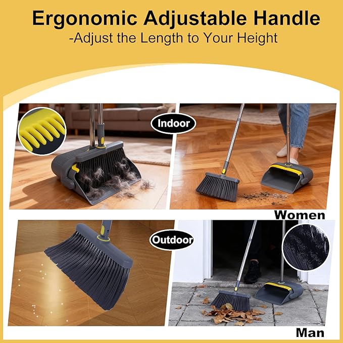 Upgrade Broom with Dustpan Combo Set Heavy Duty, Ergonomic Adjustable Handle, Cleaning Teeth, Ideal for Pets, Indoor and Outdoor Sweeping（Gray）