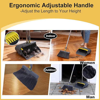 Upgrade Broom with Dustpan Combo Set Heavy Duty, Ergonomic Adjustable Handle, Cleaning Teeth, Ideal for Pets, Indoor and Outdoor Sweeping（Gray）