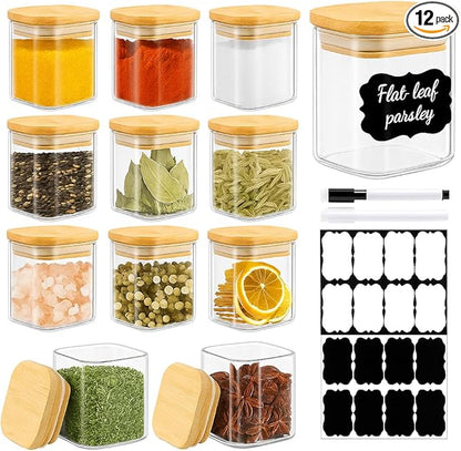 12 Pack 4 oz Square Glass Spice Jars with Lids and Labels – Airtight Small Spice Containers Set, Clear Glass Storage Jars for Seasoning, Spices, Kitchen Pantry Organization