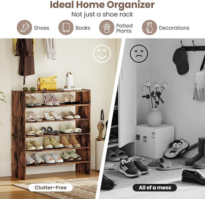COSTWAY 6-Tier Shoe Rack, Extra Wide Shoe Shelf Organizer with Stackable Design, 31" Freestanding Adjustable Storage Shoe Stand for Small Space Entryway Hallway Closet (2,Rustic Brown)