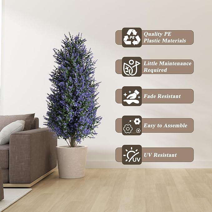 Christmas Artificial Lavender Cone Topiary Trees with Spike, 2 Pack UV Resistant & Anti Lodging Artificial Shrubs, 3FT Fake Evergreen Artificial Plant Brush for Indoor Outdoor Front Porch Garde