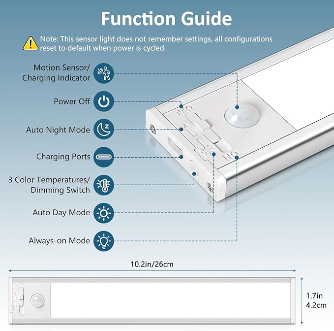 Ascher 10.2inch Under Cabinet Lights, 2000mAh Rechargeable Motion Sensor Light indoor, 3 Color Temperatures & Stepless Dimmable Closet Lights, Magnetic Under Counter Light for Kitchen, Silver - 2 Pack