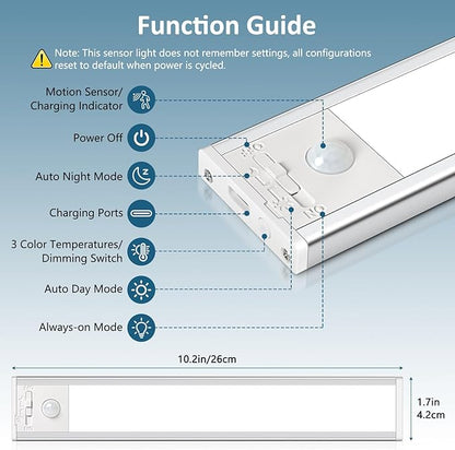 Ascher 10.2inch Under Cabinet Lights, 2000mAh Rechargeable Motion Sensor Light indoor, 3 Color Temperatures & Stepless Dimmable Closet Lights, Magnetic Under Counter Light for Kitchen, Silver - 2 Pack