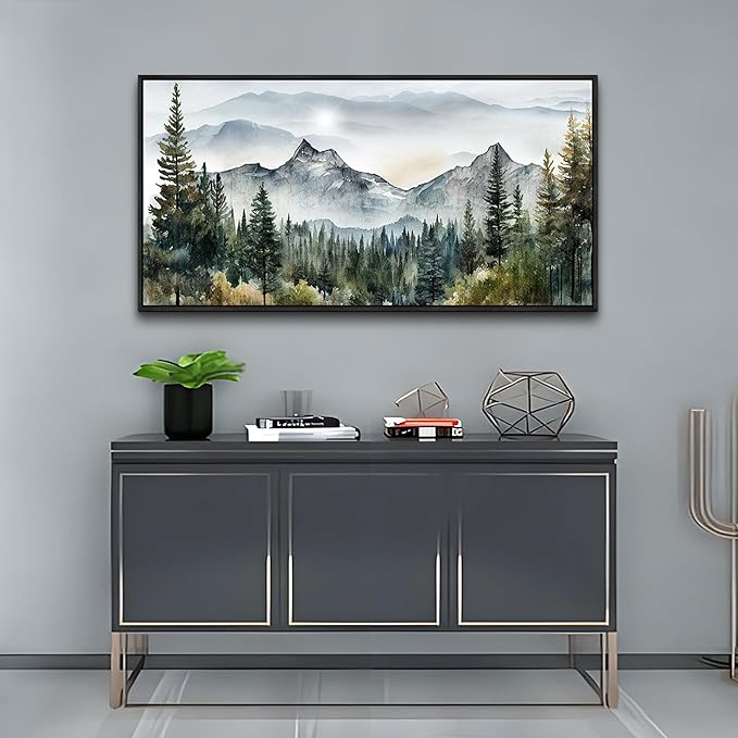 Wapluam Large Canvas Wall Decor For Living Room Bedroom - Modern Office Wall Art - Abstract Mountain Landscape - Stretched And Framed - Ready To Hang - Black Framed