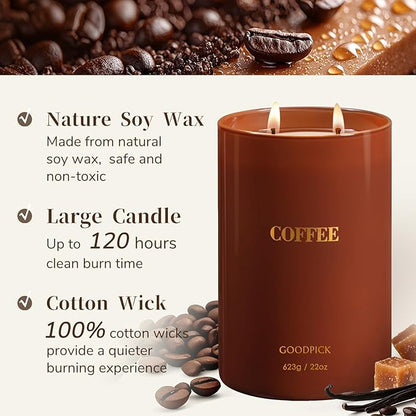 Goodpick Coffee Scented Candle 22 oz, Soy Candles for Home Scented, 120 Hours Burn Time, 2 Wicks