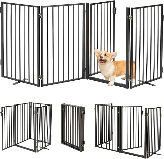 Metal Freestanding Dog Gates with Door for Outdoor Indoor,80'' Extra Wide 24'' Tall Free Standing Dog Gate for Doorways,Large Openings,Deck,Yard,Porch,Foldable Safety Pet Fence(Black,4 Panels)