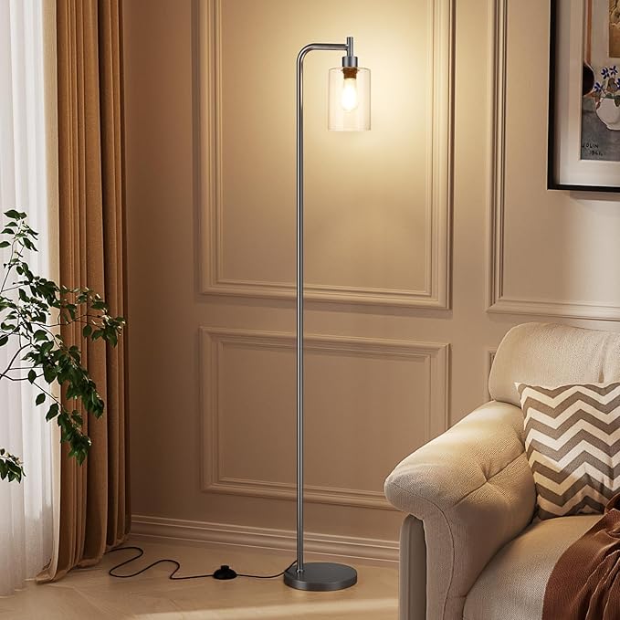 Floor Lamps for Living Room - Industrial Standing Lamp with Glass Shade, Modern Grey Floor Lamp with LED Bulb, Farmhouse Floor Lamp for Bedroom, Tall Lamp for Office - Grey