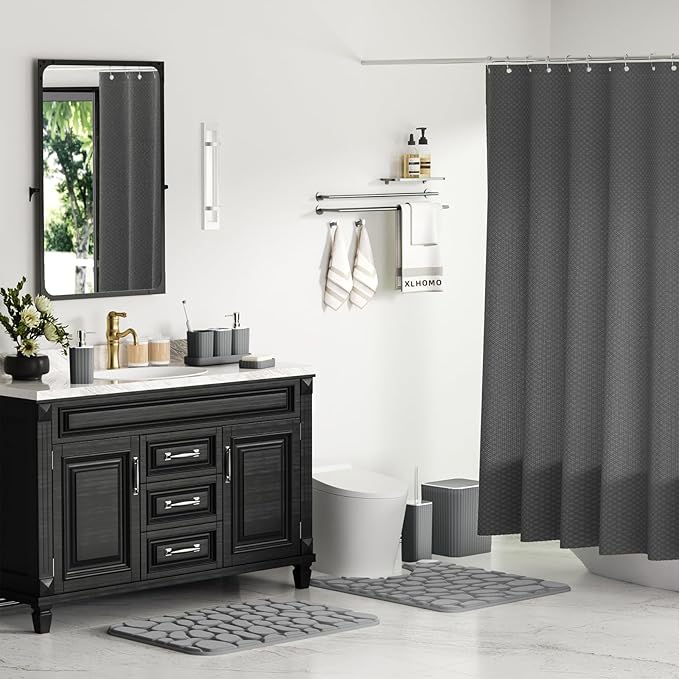 Bathroom Accessories Set- 25PC Grey Bathroom Set, Bathroom Set with Shower Curtain and Rugs, Shower Curtain Set, Toilet Brush, Trash Can, Qtip Holder Dispenser & Soap Dispenser
