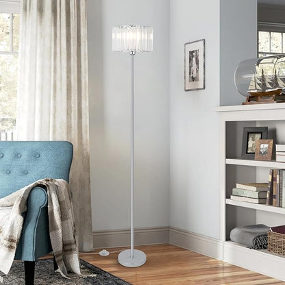 HMVPL Crystal Floor Lamp, Chrome Pole Floor Lamp with K9 Crystal Shade, Silver Standing Lamp with On/Off Switch, Modern Corner Tall Lamp for Living Room Bedroom Nursery Office Home Decor
