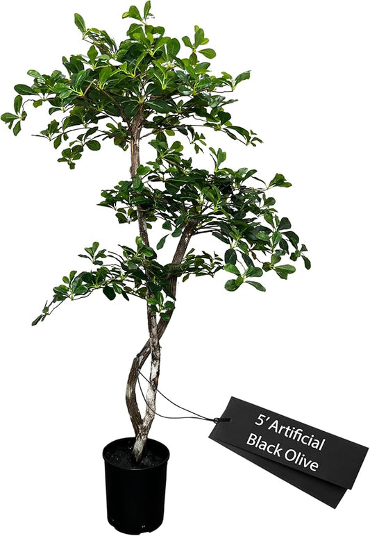 Cypress & Alabaster Handmade 5ft 3-Tier Black Olive Leaf Artificial Tree with Ethically Sourced Real Wood Trunks, Hypoallergenic, 5-Foot, Green