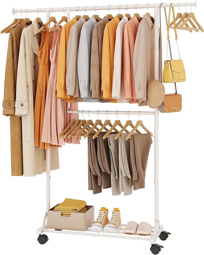 FAVOOSTY Clothing racks for hanging clothes with wheels, Adjustable Dismantle Double Rod, Heavy Duty Clothes Organizer Hanging, Pants Scarves Dress Suits, Multi-functional, Bedroom Studio White