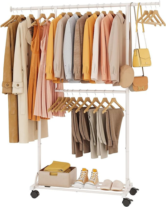 FAVOOSTY Clothing racks for hanging clothes with wheels, Adjustable Dismantle Double Rod, Heavy Duty Clothes Organizer Hanging, Pants Scarves Dress Suits, Multi-functional, Bedroom Studio White