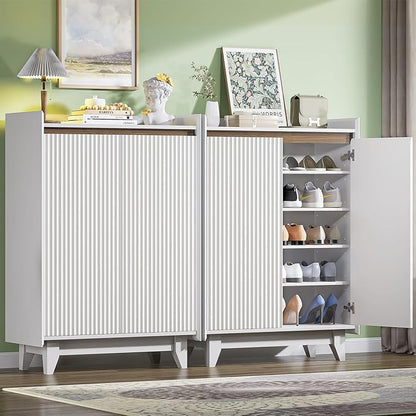White Fluted Shoe Cabinet with Adjustable Shelves, Shoe Cabinet Storage for Entryway Hallway Living Room Bedroom, Shoe Rack Cabinet with 2 Doors 2PC, White & Walnut 43.7” H