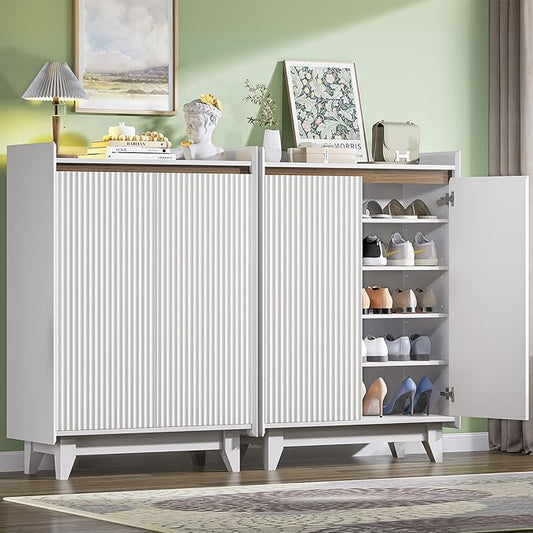 White Fluted Shoe Cabinet with Adjustable Shelves, Shoe Cabinet Storage for Entryway Hallway Living Room Bedroom, Shoe Rack Cabinet with 2 Doors 2PC, White & Walnut 43.7” H