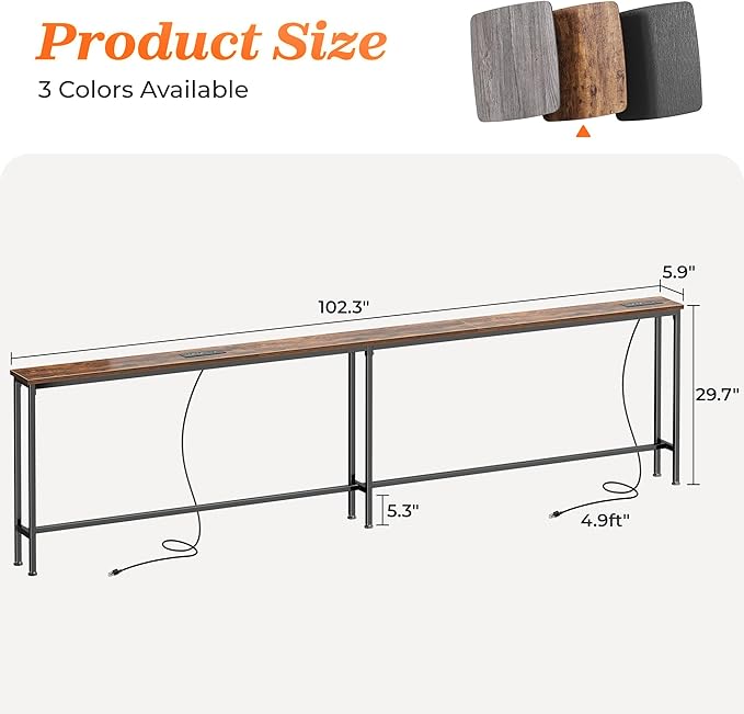 SUPERJARE 102 Inch Sofa Table with 2 Power Outlets and USB-C Ports, 5.9 Inch Narrow Console Table with Storage, Extra-Long, for Entryway Hallway Couch Behind Sofa, Small Spaces, Rustic Brown