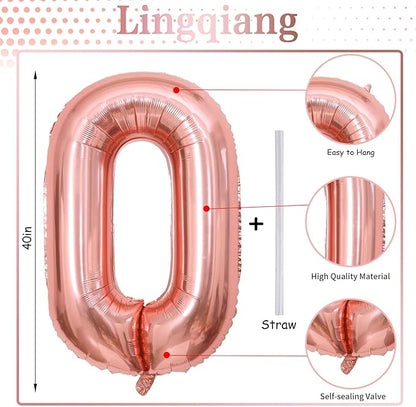 40" Rose Gold Number 0 Balloon for Girls, Large Self Inflating Helium Foil Number Balloons Set 0-9 for Women 20th 30th 40th Birthday Anniversary Wedding New Year Baby Shower Party Decorations Supplies