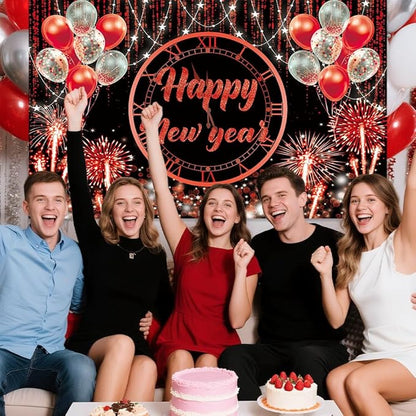 MEHOFOND Happy New Year Backdrop 2026 New Year Party Decorations Banner Red Sliver Black Happy New Year's Eve Banner White and red Balloons Glitter New Years Backdrop 6x3.6ft