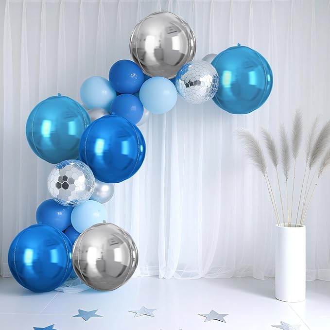 Blue Silver Round Foil Balloons 9 pcs,Metallic Giant 4D Round Balloons 22 Inch for Birthday Graduation Baby Shower Party Decorations