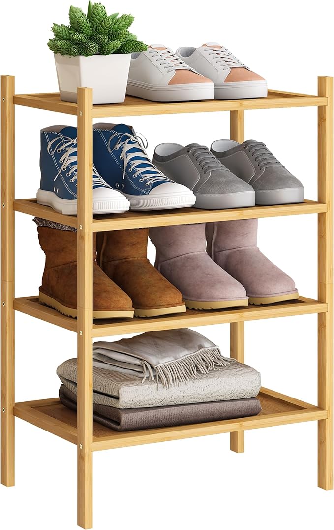 BMOSU 4-Tier Bamboo Small Shoe Rack Premium Stackable Shoe Shelf Storage Organizer for Hallway Closet Living Room Entryway Organizer(Natural)