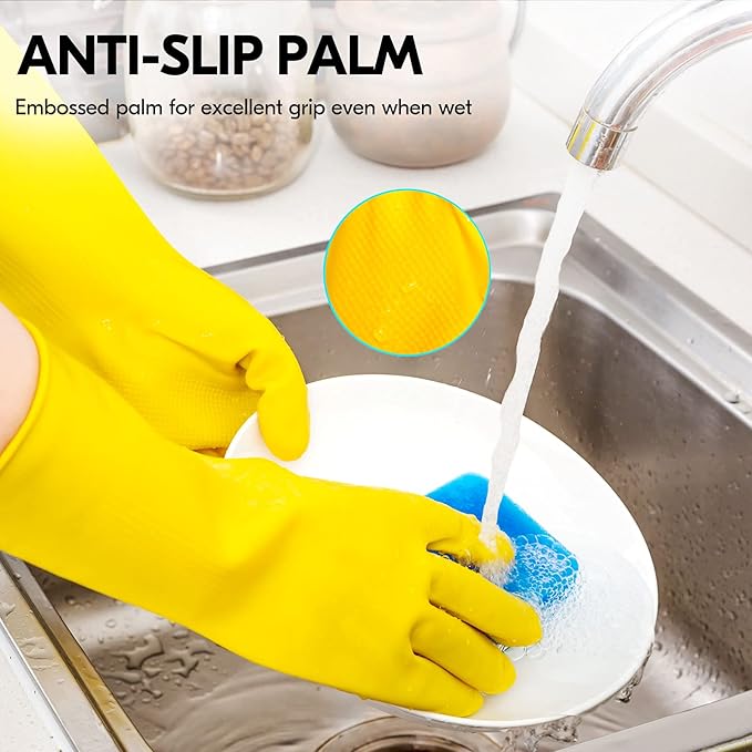 Vgo... 1-Pair Reusable Household Gloves, Rubber Dishwashing gloves, Extra Thickness, Long Sleeves, Kitchen Cleaning, Working, Painting, Gardening, Pet Care (Size L, Yellow, HH4601)