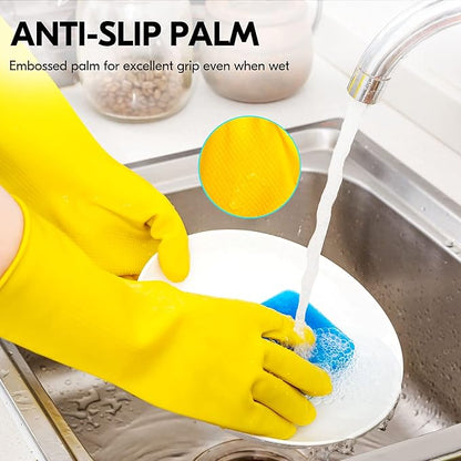 Vgo... 1-Pair Reusable Household Gloves, Rubber Dishwashing gloves, Extra Thickness, Long Sleeves, Kitchen Cleaning, Working, Painting, Gardening, Pet Care (Size M, Yellow, HH4601)